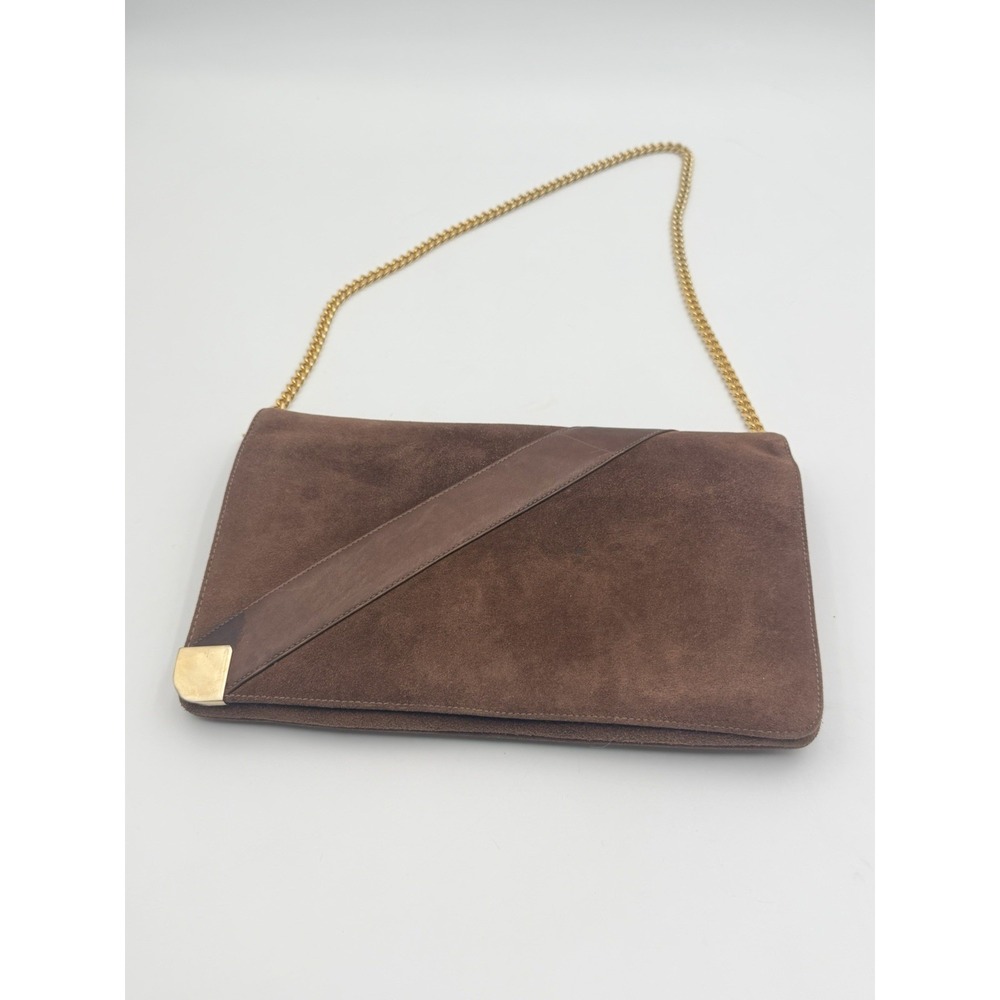 Susan Gail Brown Suede Shoulder Bag Gold Chain Purse 80s Glam Vintage Fashion